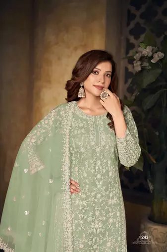 Light green embroidered net Palazzo suit