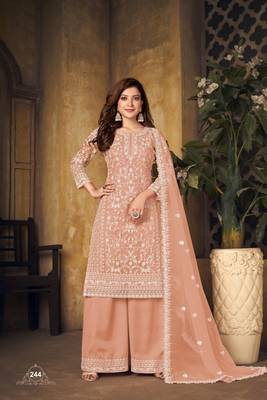 Orange embroidered net Palazzo suit 1