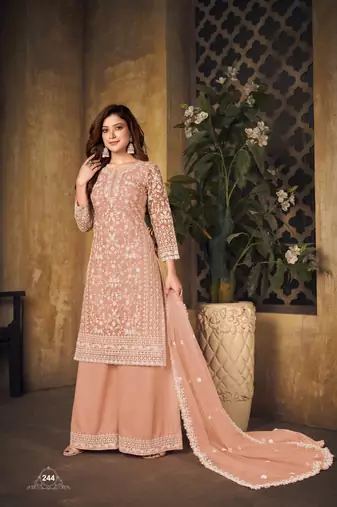Orange embroidered net Palazzo suit