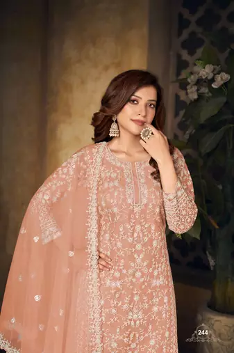 Orange embroidered net Palazzo suit