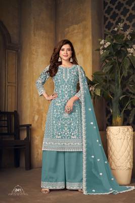 Teal embroidered net Palazzo suit 1