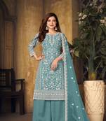 Teal embroidered net semi stitched Palazzo suit