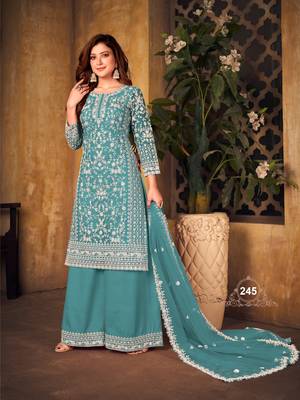 Teal embroidered net Palazzo suit 2