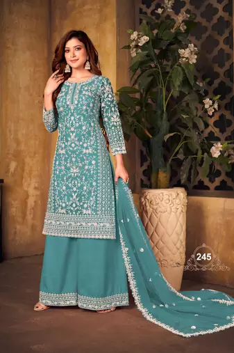 Teal embroidered net Palazzo suit