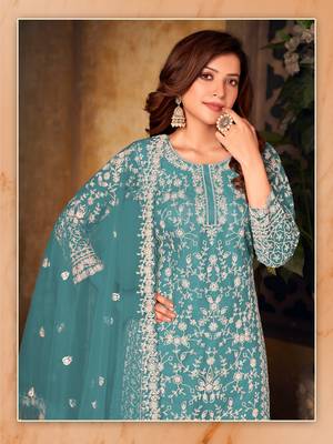 Teal embroidered net Palazzo suit 3