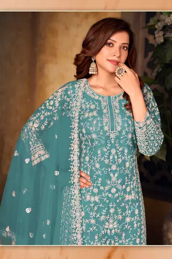Teal embroidered net Palazzo suit