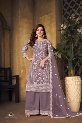 Lavender embroidered net Palazzo suit 1