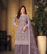Lavender embroidered net semi stitched Palazzo suit