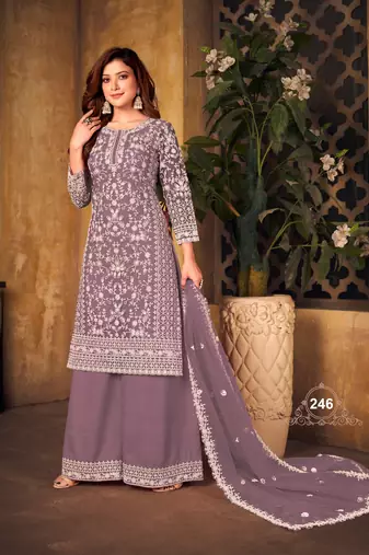 Lavender embroidered net Palazzo suit