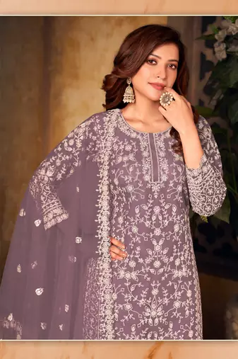 Lavender embroidered net Palazzo suit