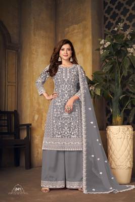 Grey embroidered net Palazzo suit 1