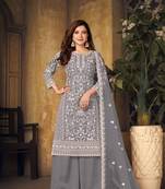 Grey embroidered net semi stitched Palazzo suit