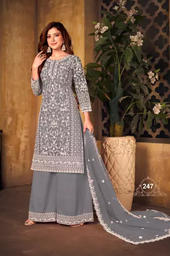 Grey embroidered net Palazzo suit