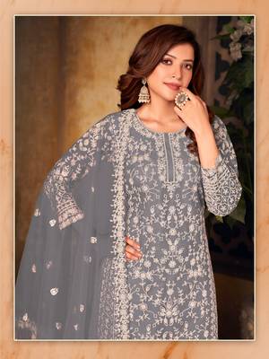 Grey embroidered net Palazzo suit 3