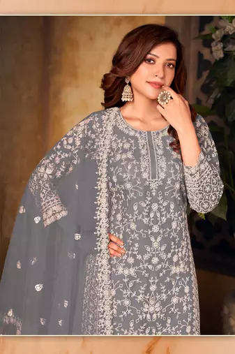 Grey embroidered net Palazzo suit