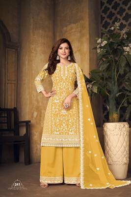 Mustard Yellow Net Thread Embroidered Palazzo Suit 1