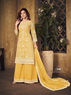 Mustard Yellow Net Thread Embroidered Palazzo Suit 2