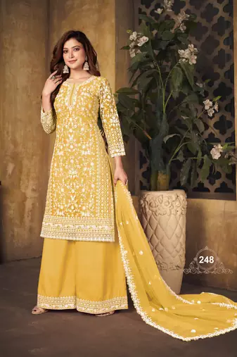 Mustard Yellow Net Thread Embroidered Palazzo Suit