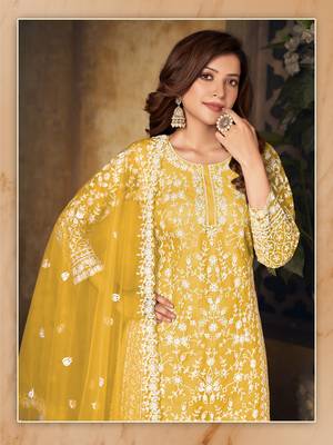 Mustard Yellow Net Thread Embroidered Palazzo Suit 3