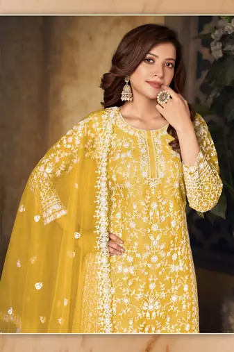 Mustard Yellow Net Thread Embroidered Palazzo Suit