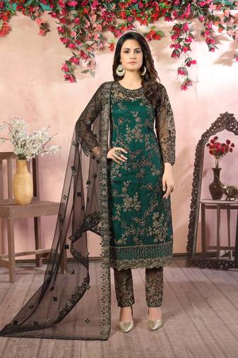 Green embroidered net semi stitched salwar suit