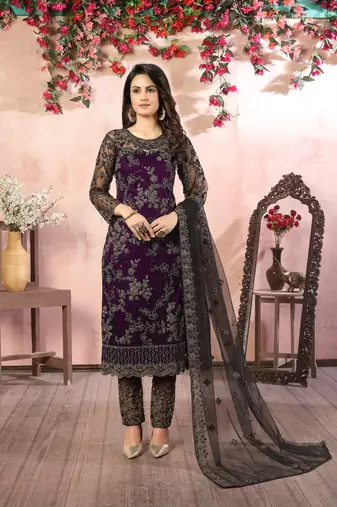 Purple embroidered net salwar suit