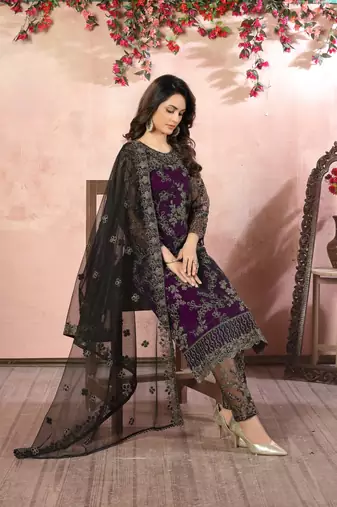 Purple embroidered net salwar suit