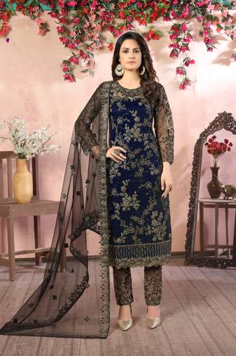 Navy blue embroidered net semi stitched salwar suit