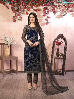 Navy blue embroidered net salwar suit 2