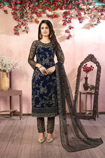 Navy blue embroidered net salwar suit
