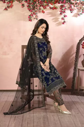 Navy blue embroidered net salwar suit