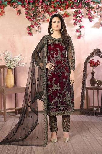 Maroon embroidered net semi stitched salwar suit