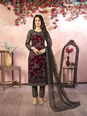 Maroon embroidered net salwar suit 2