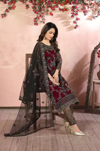 Maroon embroidered net salwar suit