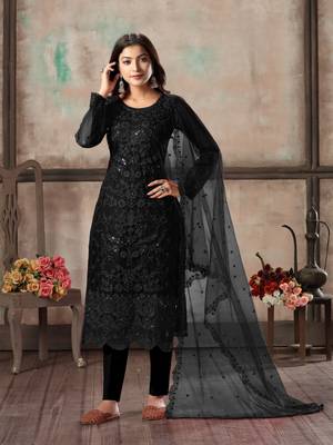 Black embroidered net semi stitched salwar suit 1