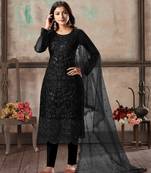 Black embroidered net semi stitched salwar suit