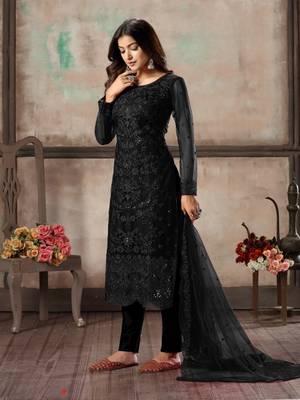 Black embroidered net semi stitched salwar suit 2