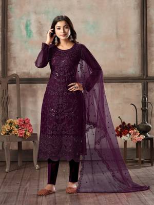 Dark purple embroidered net semi stitched salwar suit 1