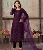 Dark purple embroidered net semi stitched salwar suit
