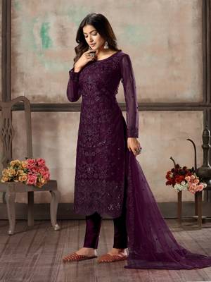 Dark purple embroidered net semi stitched salwar suit 2