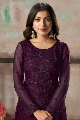 Dark purple embroidered net semi stitched salwar suit 3