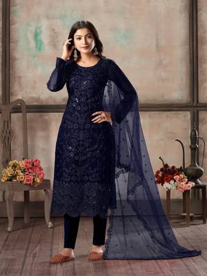 Navy blue embroidered net semi stitched salwar suit 1