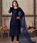 Navy blue embroidered net semi stitched salwar suit