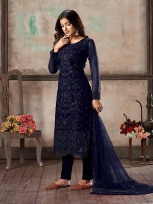 Navy blue embroidered net semi stitched salwar suit 2