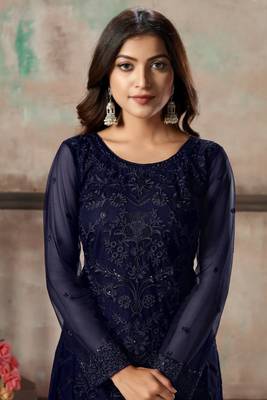 Navy blue embroidered net semi stitched salwar suit 3