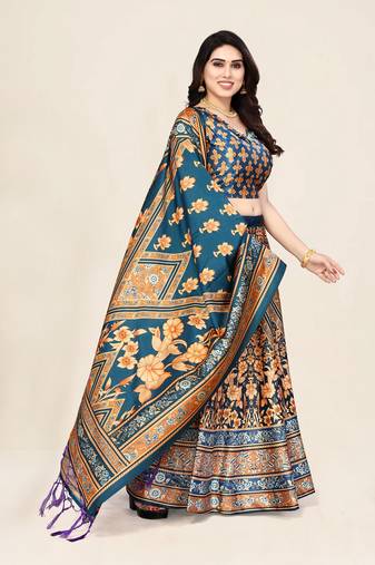 Blue Satin Silk Lehenga Choli Set With Dupatta
