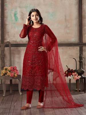 Maroon embroidered net semi stitched salwar suit 1