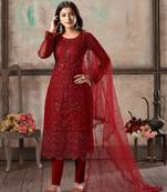 Maroon embroidered net semi stitched salwar suit