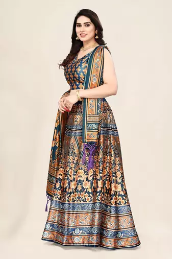 Blue Satin Silk Lehenga Choli Set With Dupatta