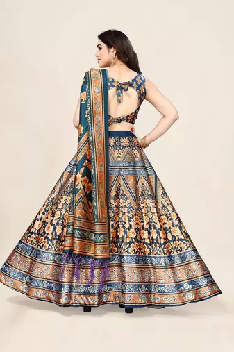 Blue Satin Silk Lehenga Choli Set With Dupatta